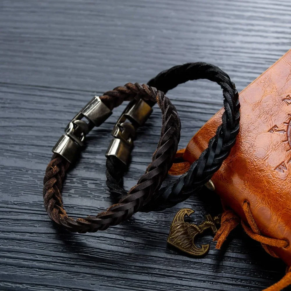 men black Braided Leather Cord Bracelet - Picture 3 of 3